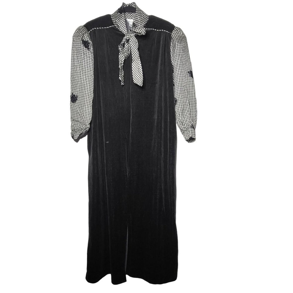 Vintage Keyloun Black Velvet‎ Plaid Floral Half Zip Robe Dress Large Union Made